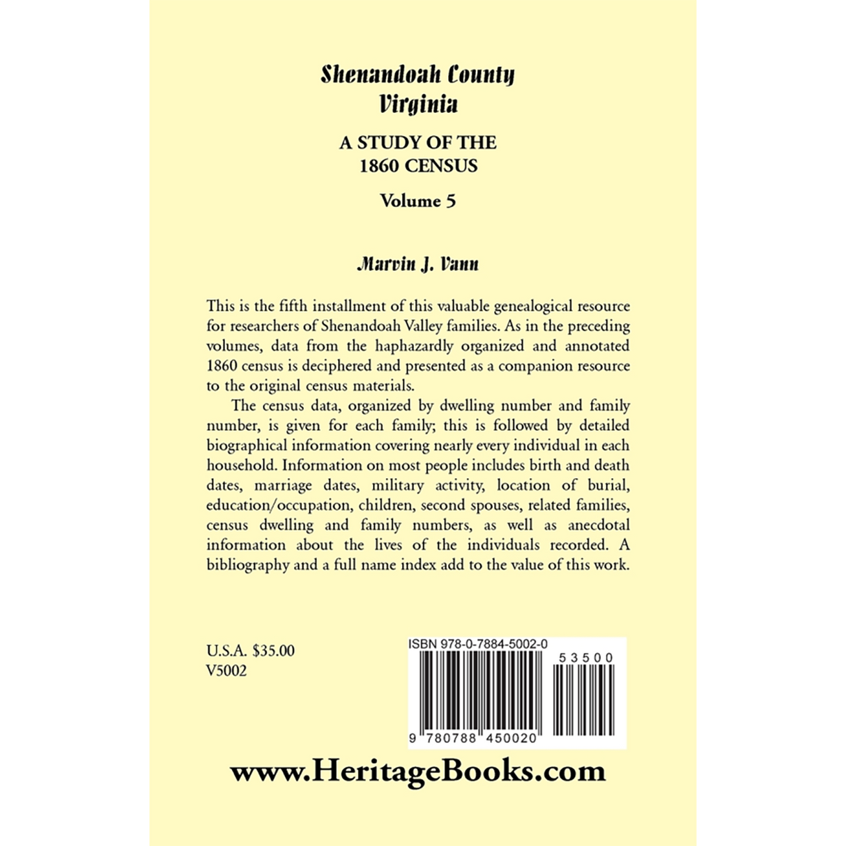 Shenandoah County, Virginia: A Study of the 1860 Census, Volume 5 back cover