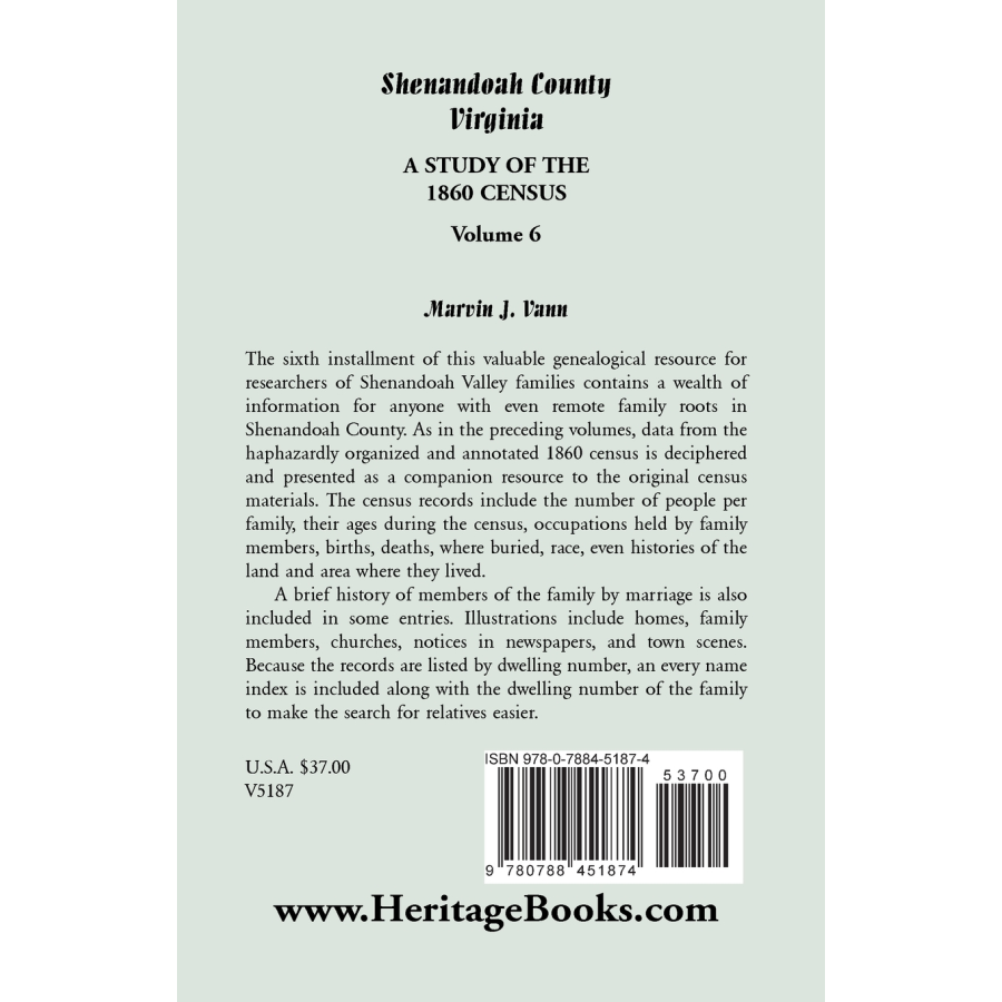 Shenandoah County, Virginia: A Study of the 1860 Census, Volume 6 back cover