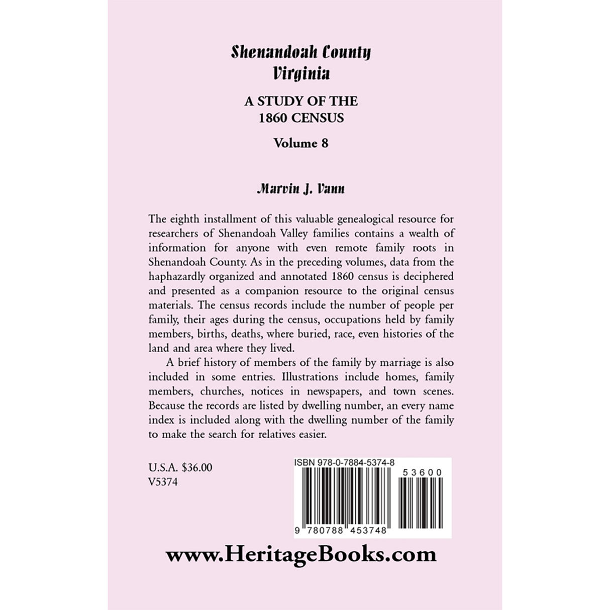 Shenandoah County, Virginia: A Study of the 1860 Census, Volume 8 back cover
