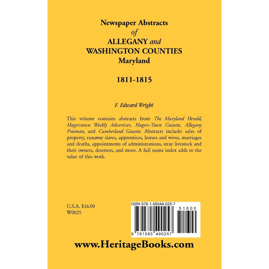 Newspaper Abstracts of Allegany and Washington Counties, Maryland, 1811-1815 back cover