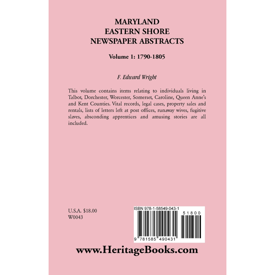 Maryland Eastern Shore Newspaper Abstracts, Volume 1: 1790-1805 back cover