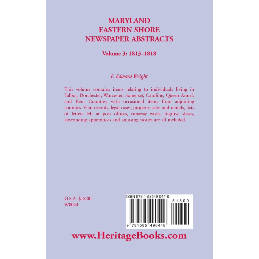 Maryland Eastern Shore Newspaper Abstracts, Volume 3: 1813-1818 back cover