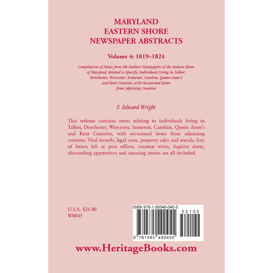 Maryland Eastern Shore Newspaper Abstracts, Volume 4: 1819-1824 back cover