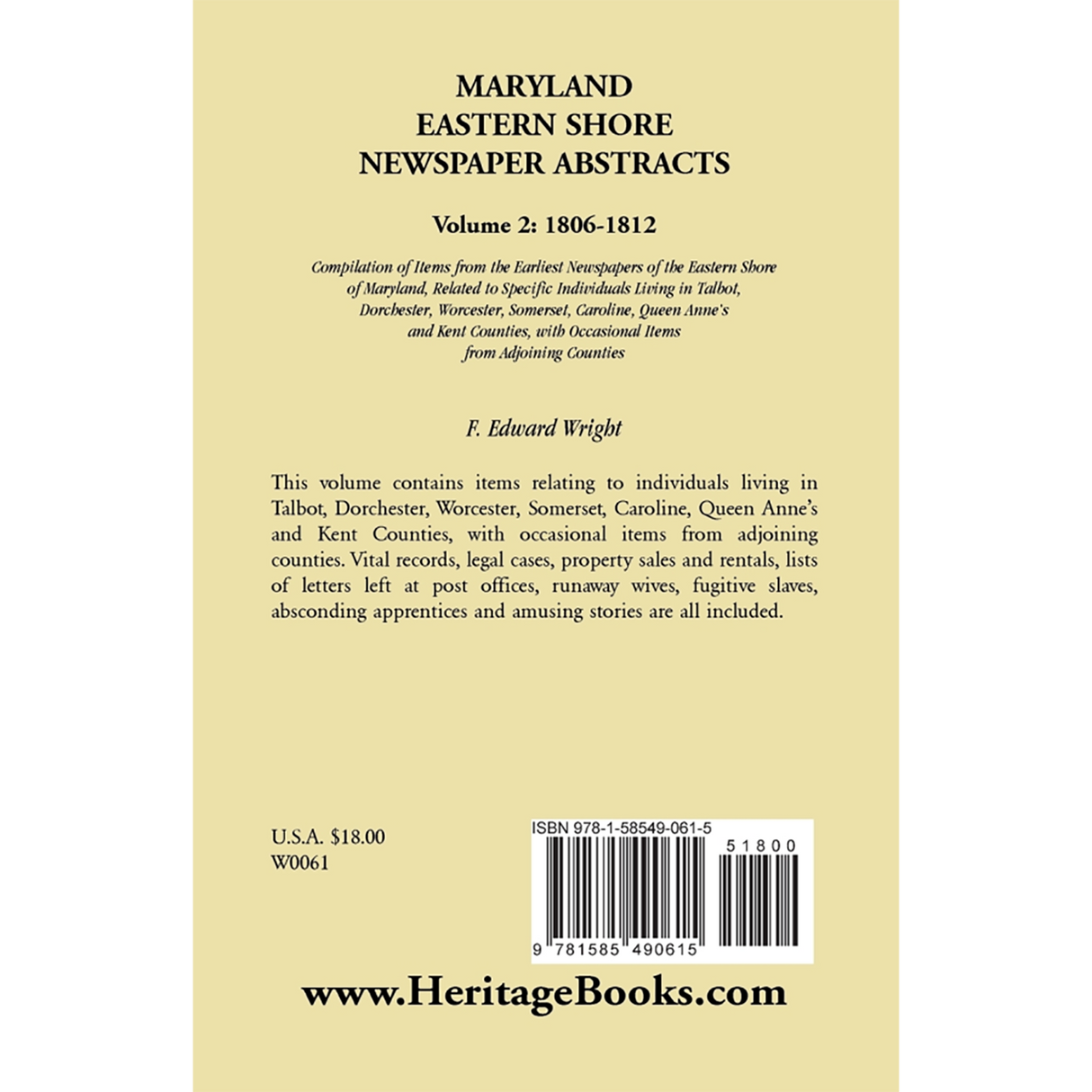Maryland Eastern Shore Newspaper Abstracts, Volume 2: 1806-1812 back cover