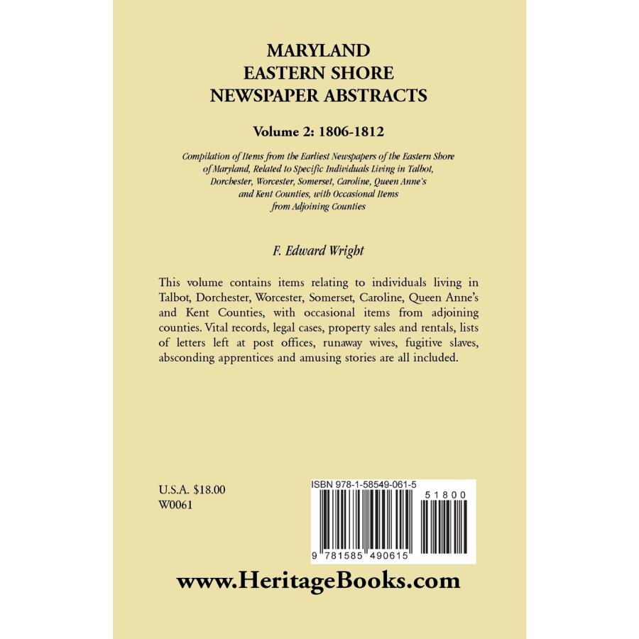 Maryland Eastern Shore Newspaper Abstracts, Volume 2: 1806-1812 back cover