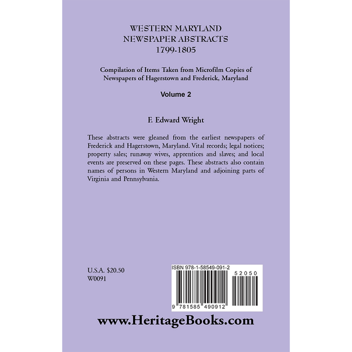 Western Maryland Newspaper Abstracts, Volume 2: 1799-1805 back cover