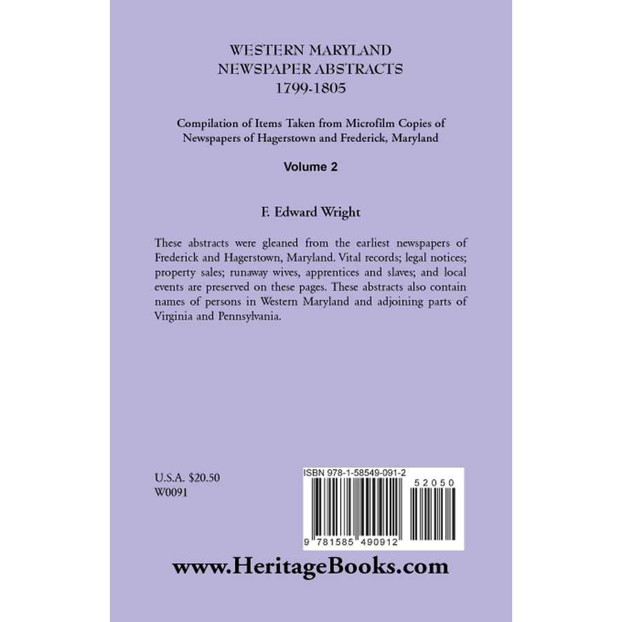 Western Maryland Newspaper Abstracts, Volume 2: 1799-1805 back cover