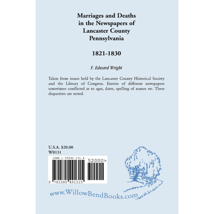 Marriages and Deaths in the Newspapers of Lancaster County, Pennsylvania, 1821-1830 back cover