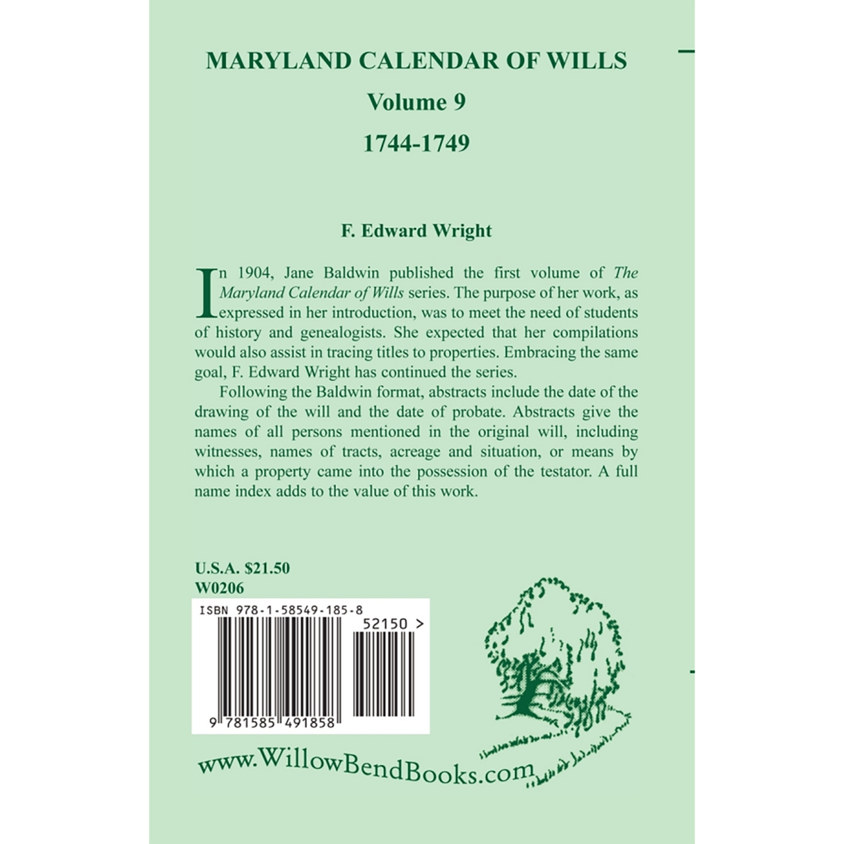 Maryland Calendar of Wills, Volume 9: 1744-1749 back cover