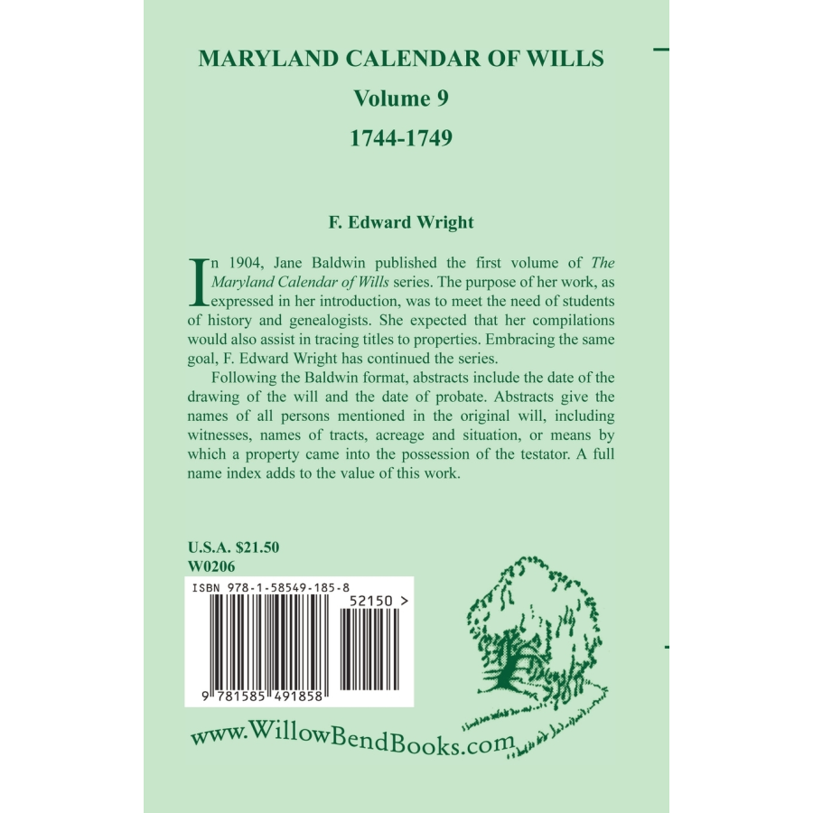 Maryland Calendar of Wills, Volume 9: 1744-1749 back cover