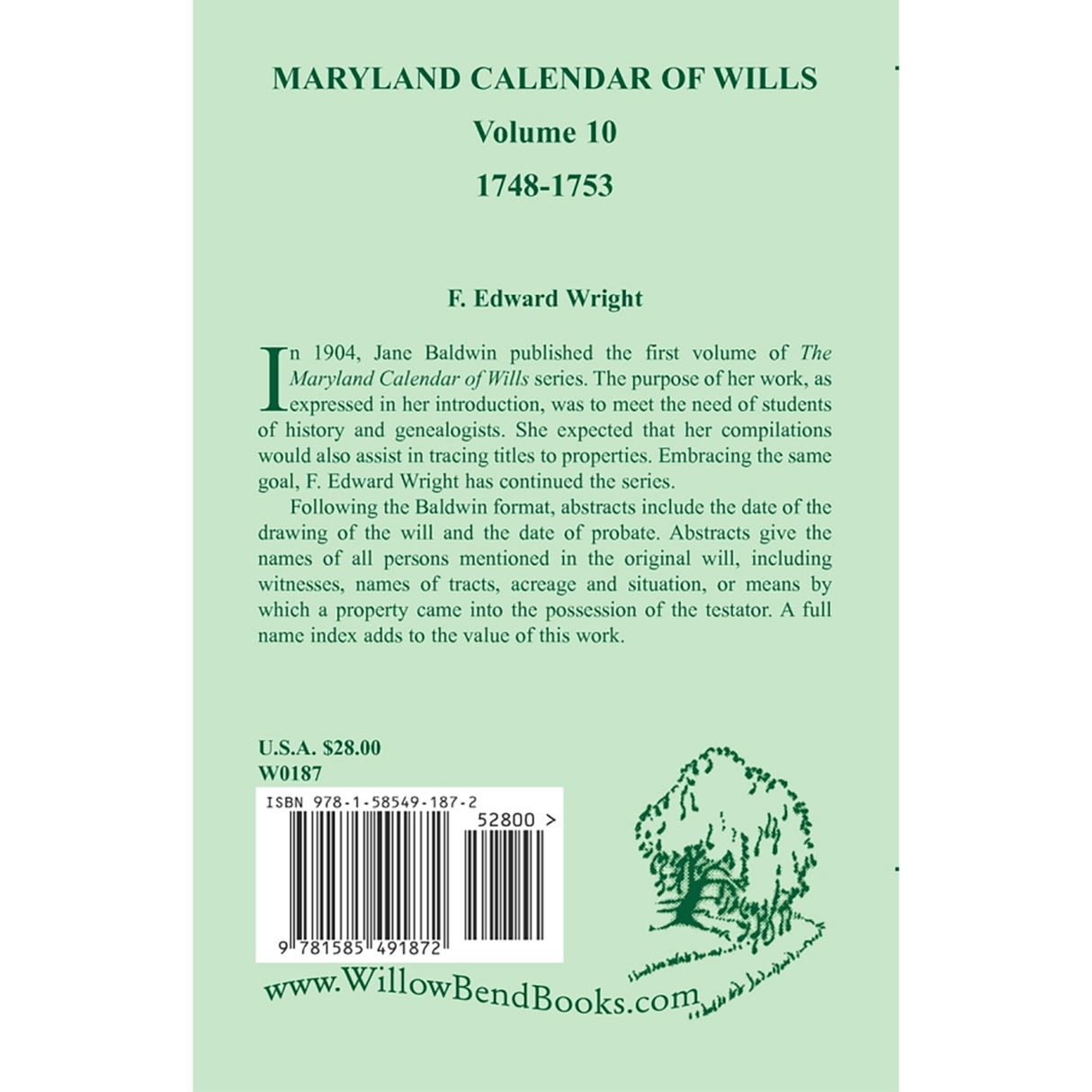Maryland Calendar of Wills, Volume 10: 1748-1753 back cover