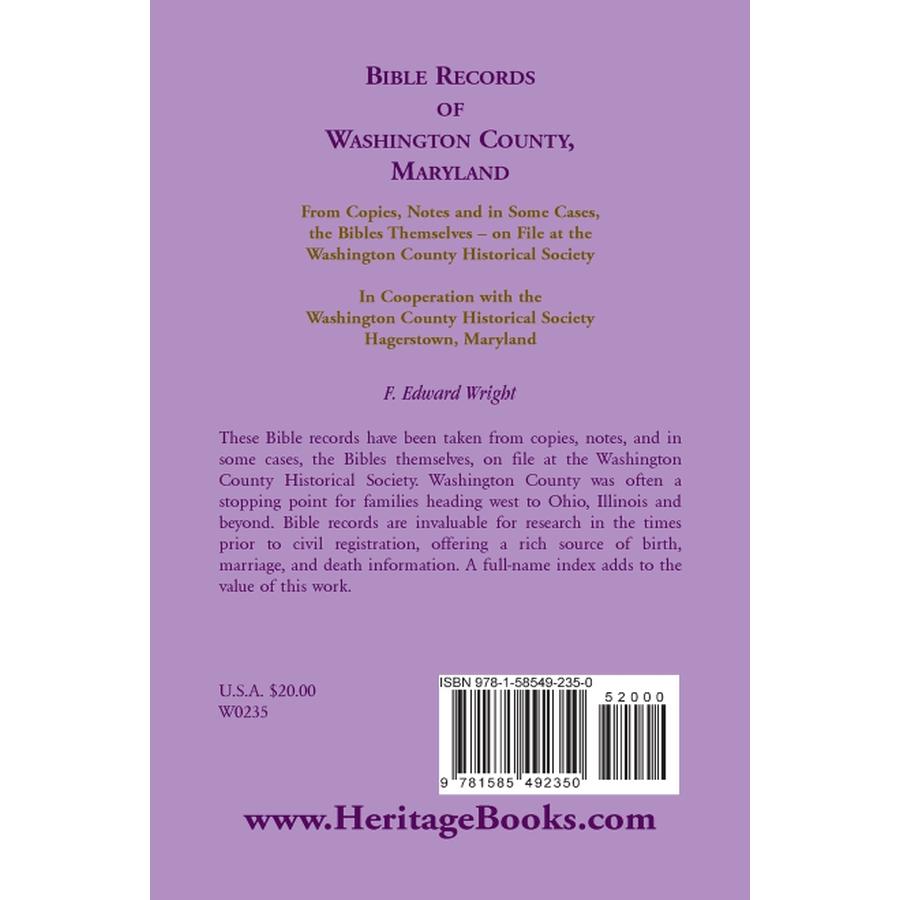 Bible Records of Washington County, Maryland back cover