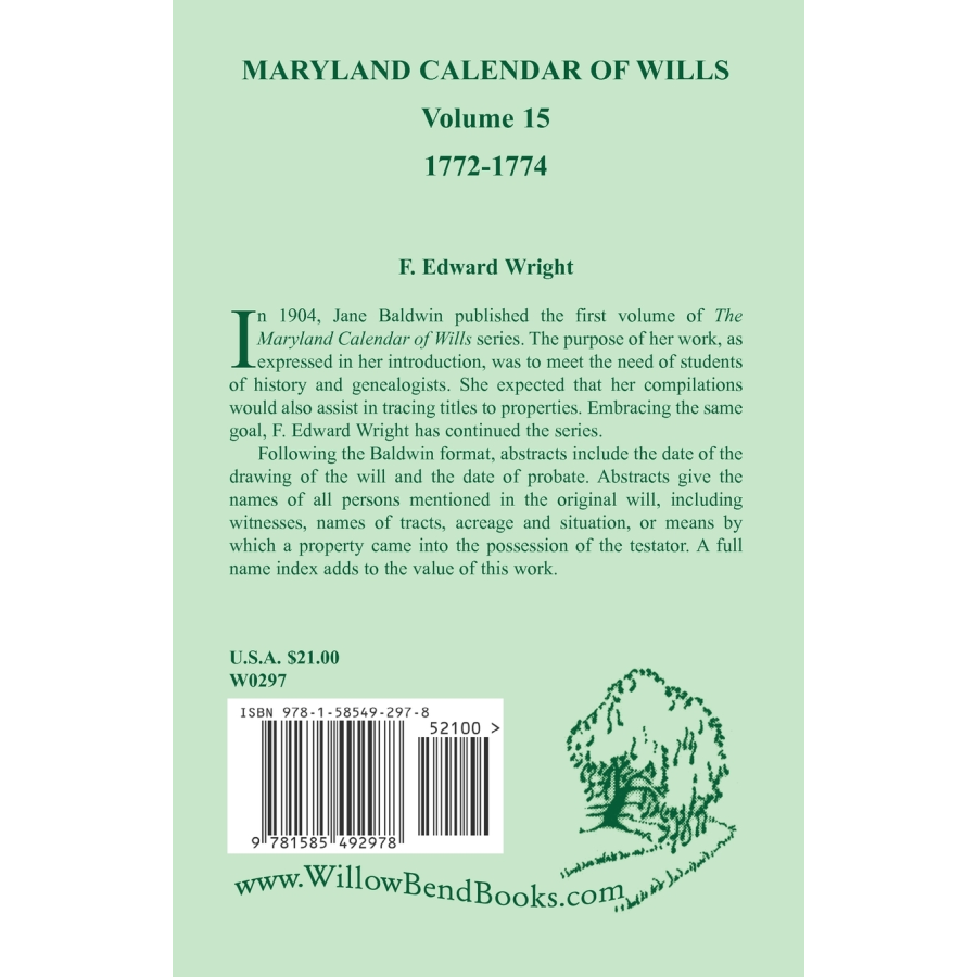 Maryland Calendar of Wills, Volume 15: 1772-1774 back cover