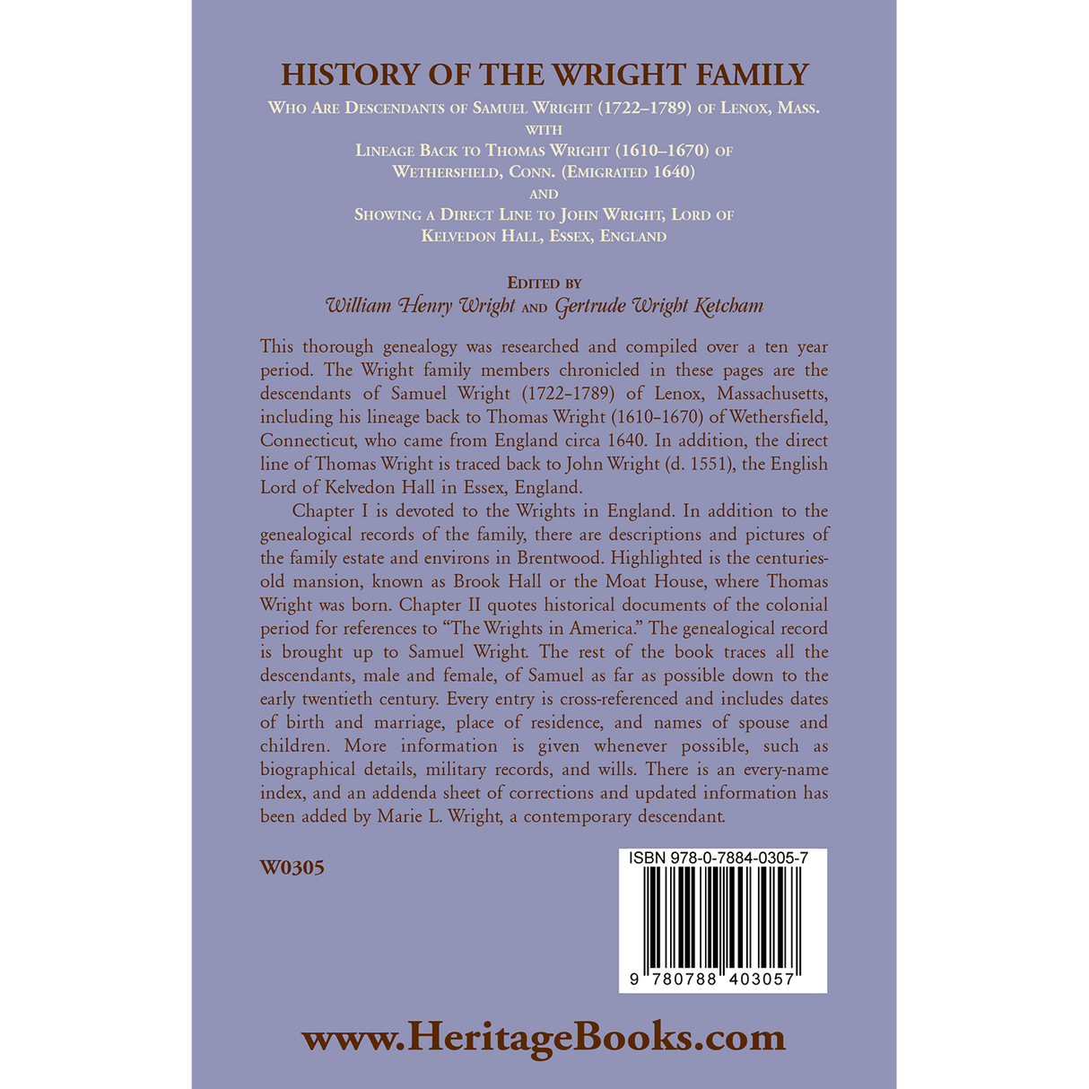 History of the Wright Family back cover