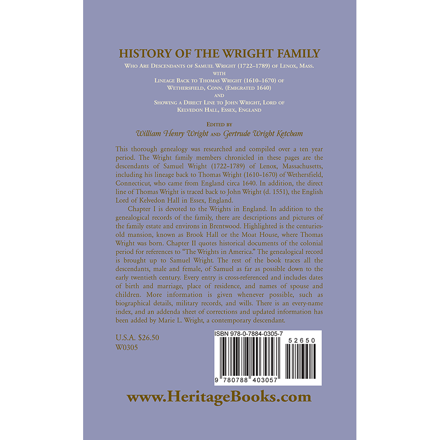 History of the Wright Family back cover