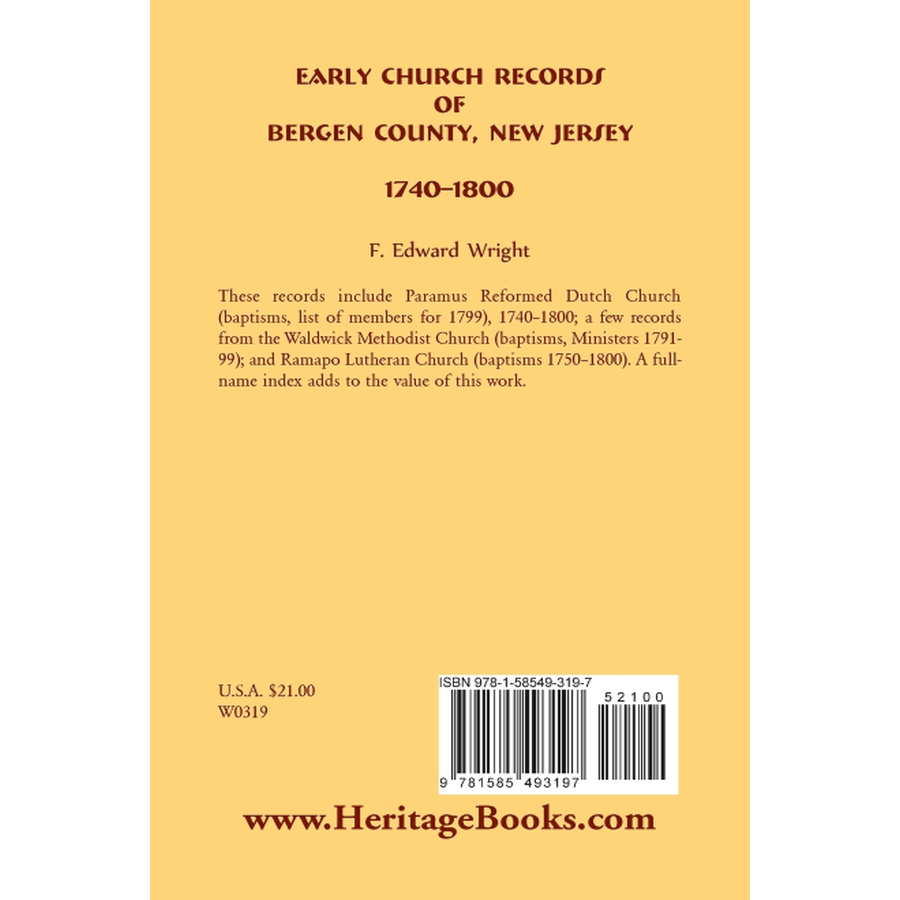 Early Church Records of Bergen County, New Jersey, 1740-1800 back cover