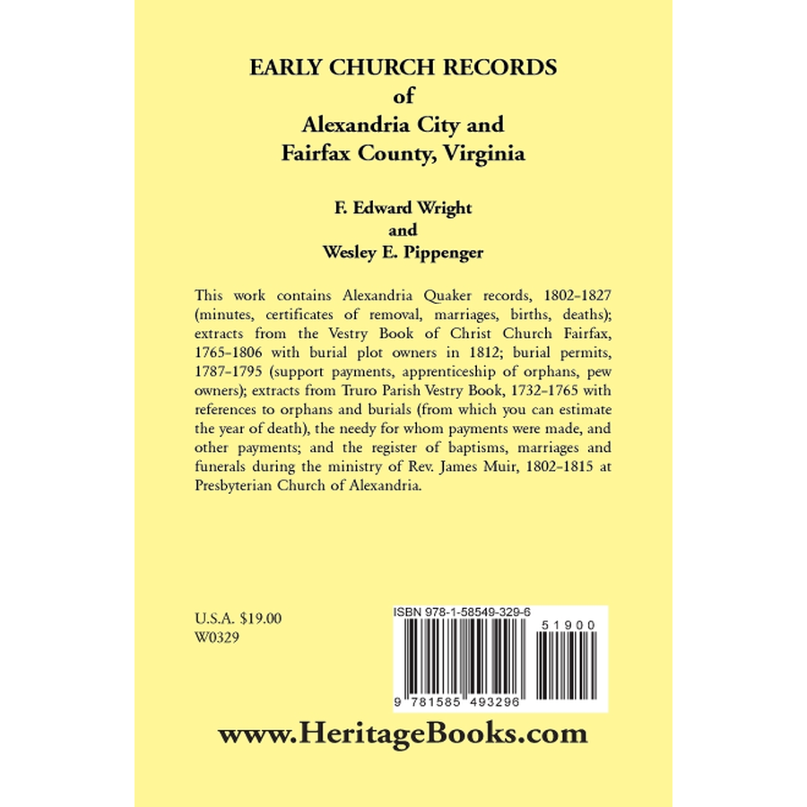 Early Church Records of Alexandria City and Fairfax County, Virginia back cover