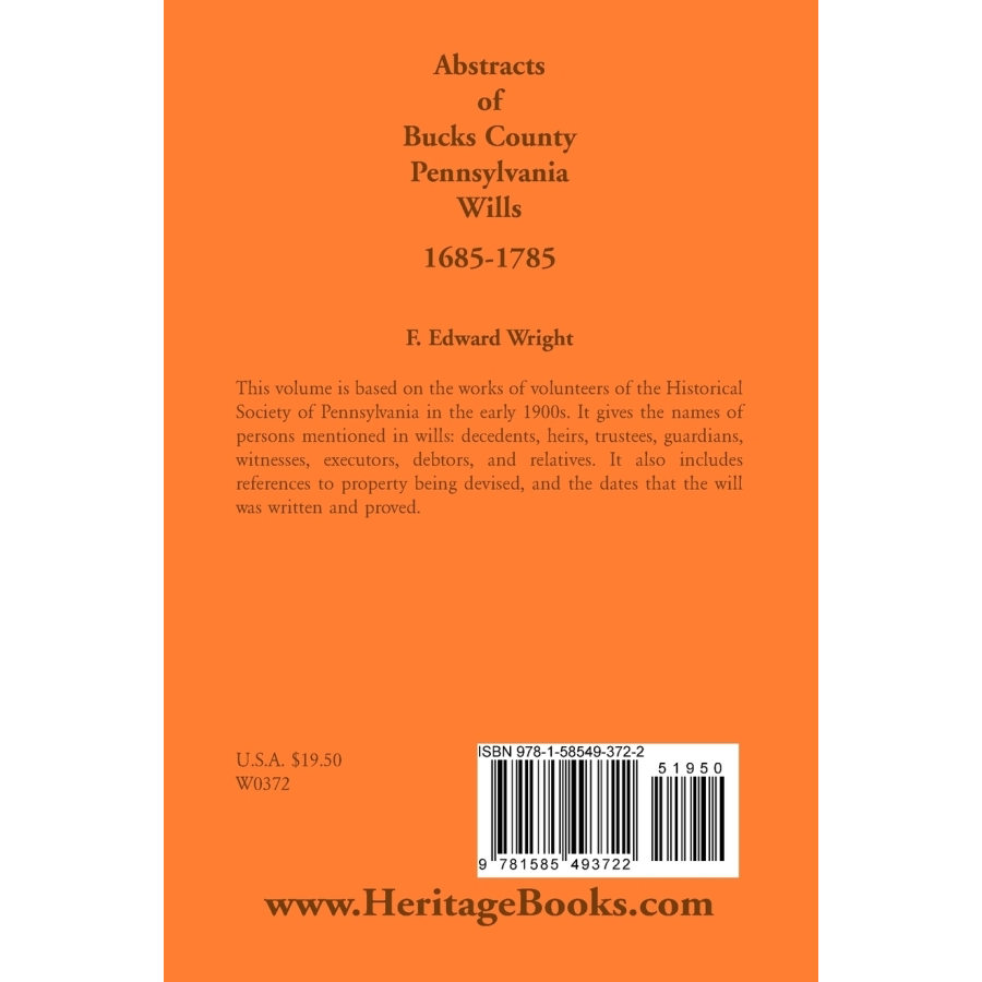 Abstracts of Bucks County, Pennsylvania, Wills 1685-1785 back cover