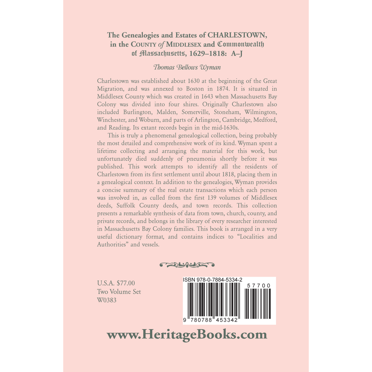 The Genealogies and Estates of Charlestown, in the County of Middlesex, and the Commonwealth of Massachusetts, 1629-1818, Volume 1 back cover