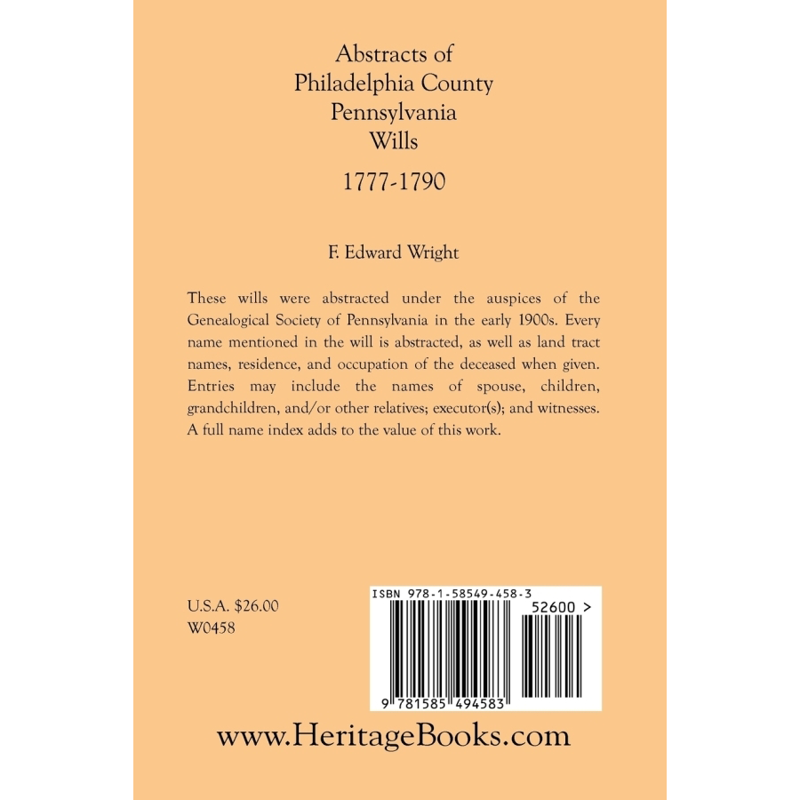 Abstracts of Philadelphia County, Pennsylvania Wills, 1777-1790 back cover