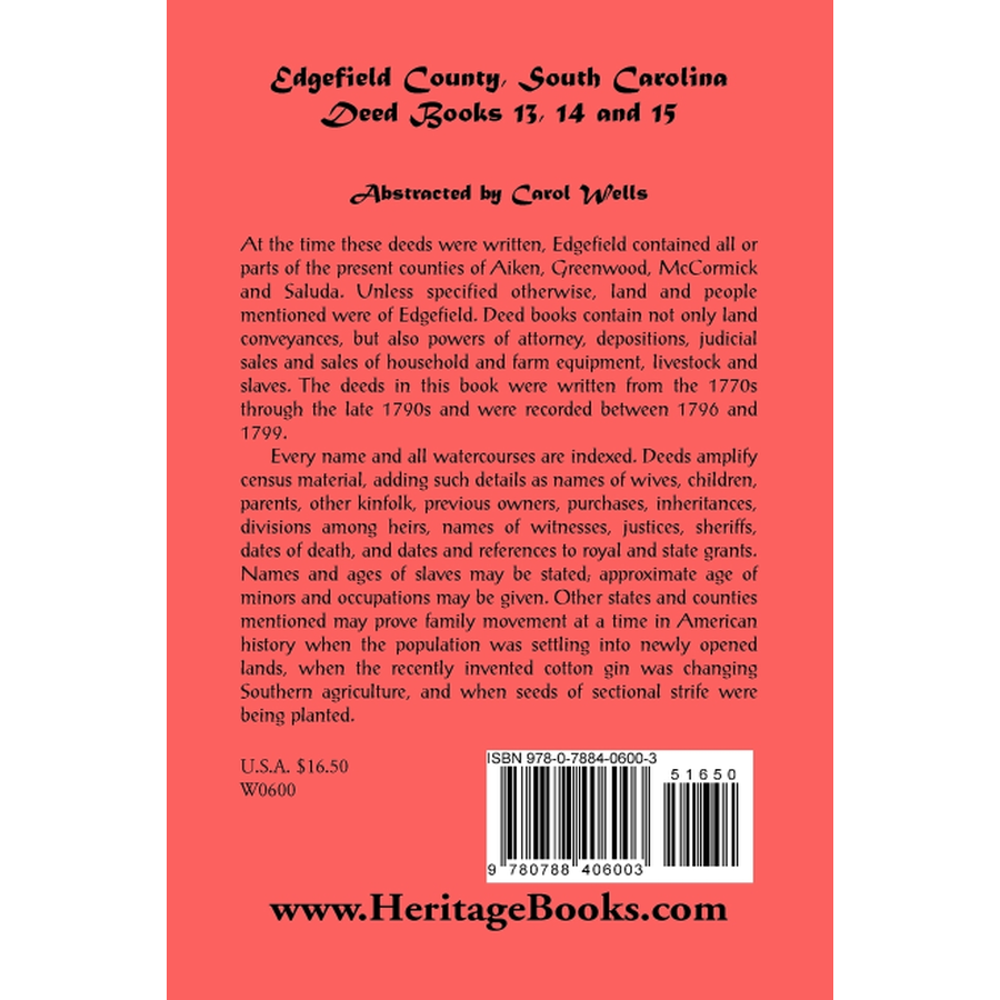 Edgefield County, South Carolina, Deed Books 13, 14 and 15 back cover
