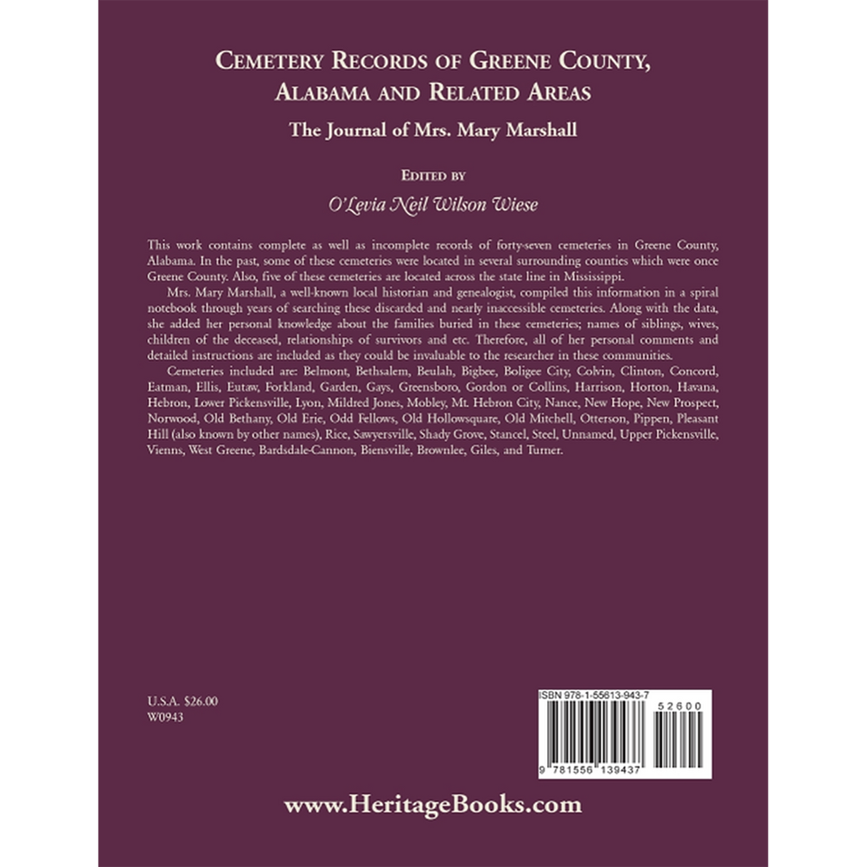 Cemetery Records of Greene County, Alabama, and Related Areas back cover