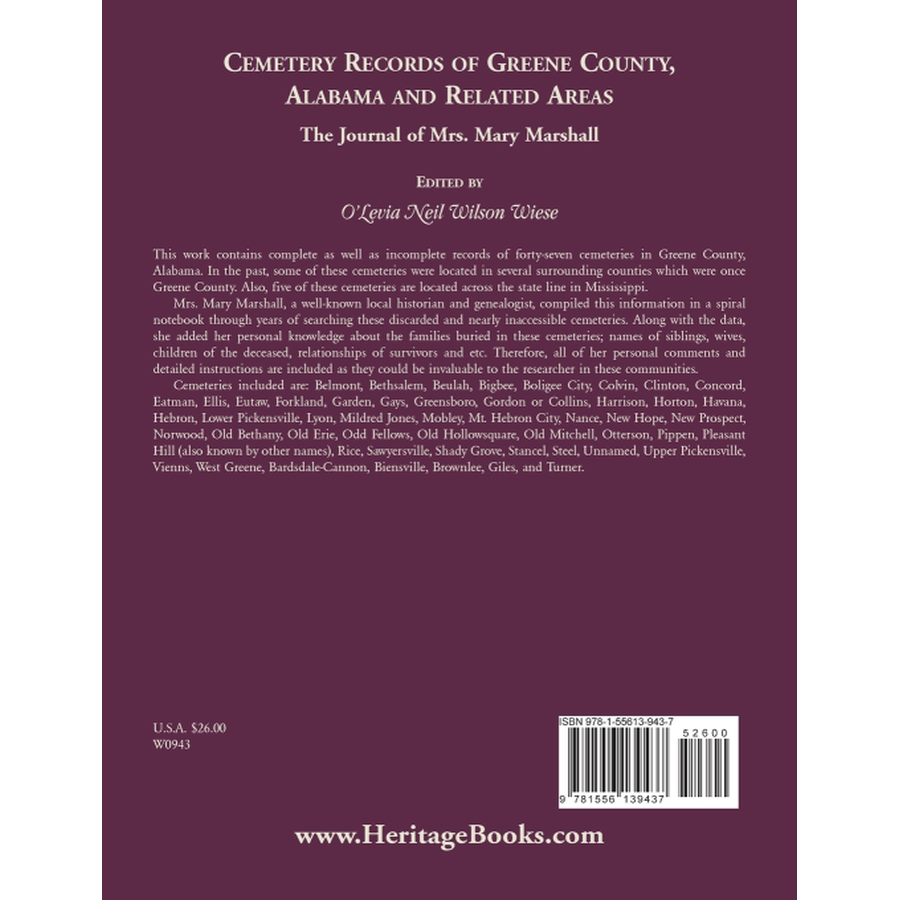 Cemetery Records of Greene County, Alabama, and Related Areas back cover