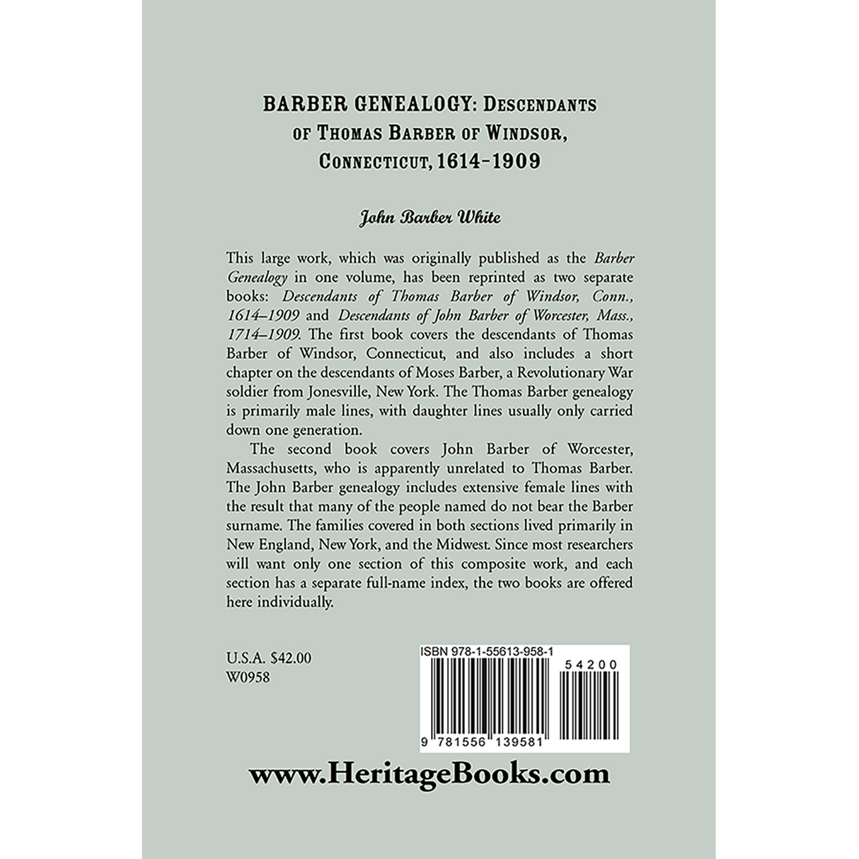 Barber Genealogy: Descendants of Thomas Barber of Windsor, Connecticut, 1614-1909 back cover
