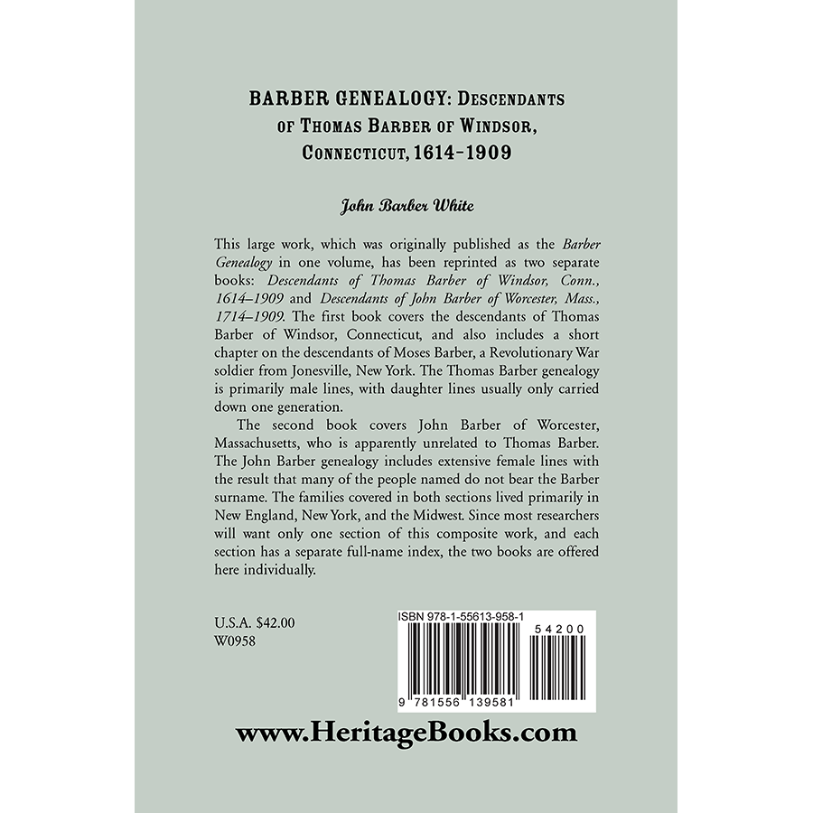 Barber Genealogy: Descendants of Thomas Barber of Windsor, Connecticut, 1614-1909 back cover