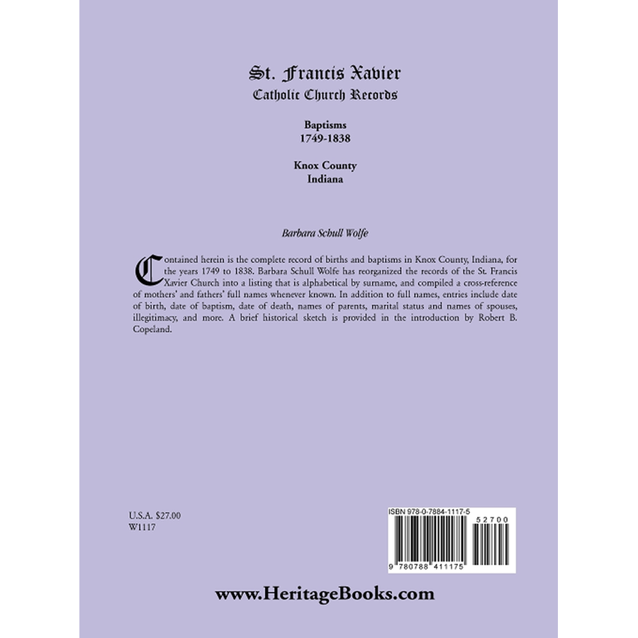 St. Francis Xavier Catholic Church Records: Baptisms, 1749-1838, Knox County, Indiana back cover