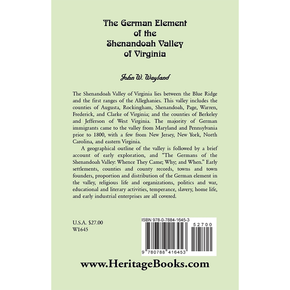 The German Element of the Shenandoah Valley of Virginia back cover