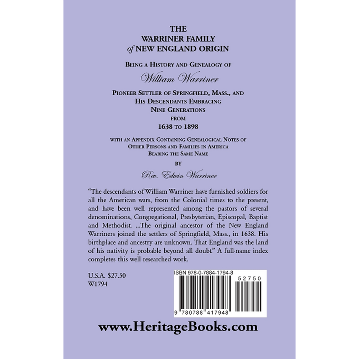 The Warriner Family of New England Origin back cover