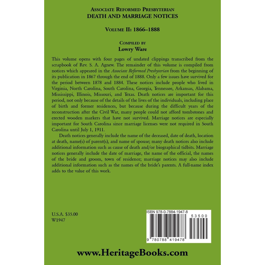 Associate Reformed Presbyterian Death and Marriage Notices, Volume II: 1866-1888 back cover