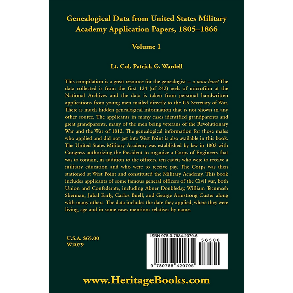 Genealogical Data from United States Military Academy Application Papers, 1805-1866, Volume 1 back cover