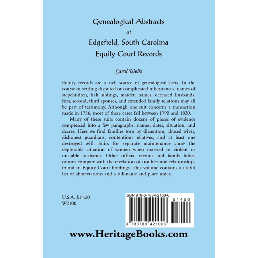 Genealogical Abstracts of Edgefield, South Carolina Equity Court Records back cover
