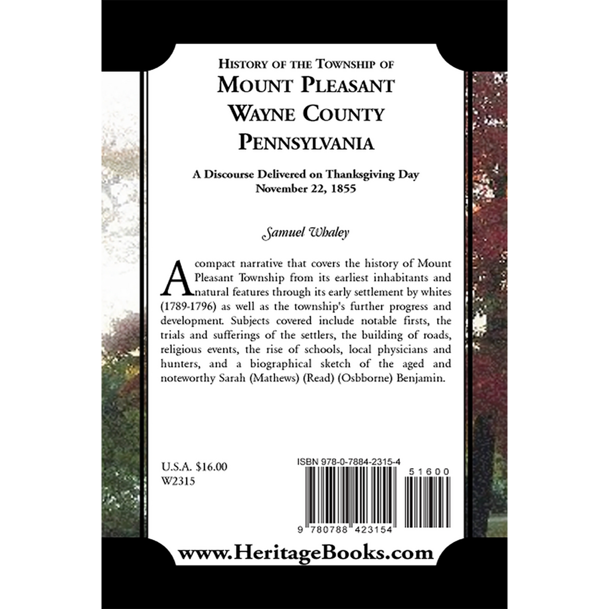 History of the Township of Mount Pleasant, Wayne County, Pennsylvania: A discourse delivered on Thanksgiving Day, November 22, 1855 back cover