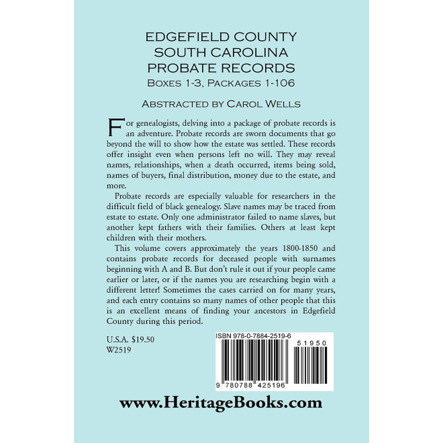 Edgefield County, South Carolina Probate Records, Boxes 1-3, Packages 1-106 back cover