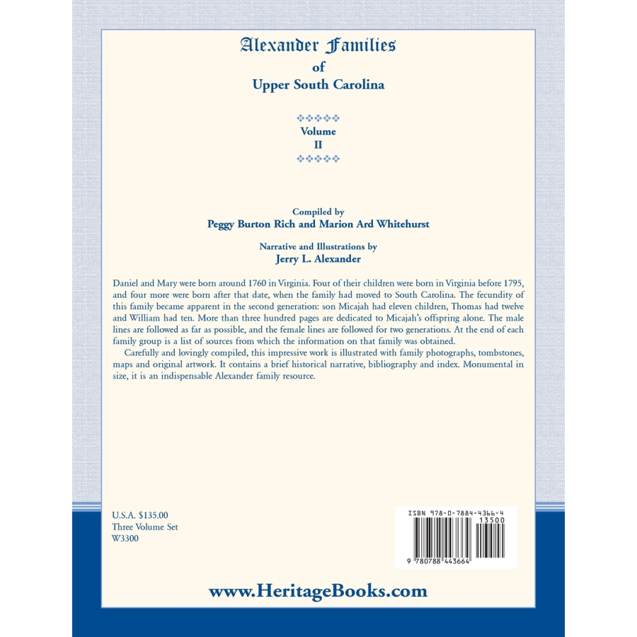Alexander Families of Upper South Carolina volume 2 back cover