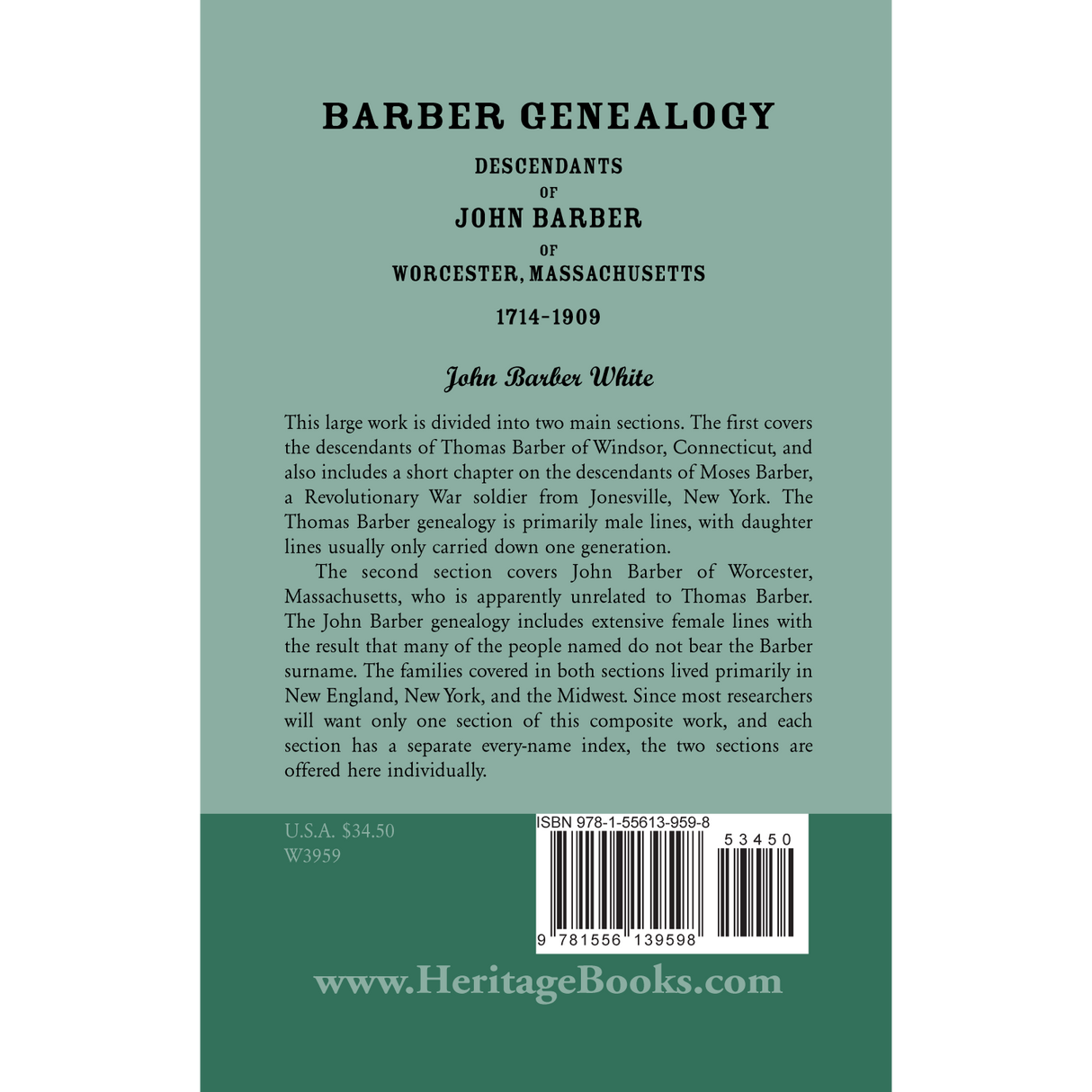 Barber Genealogy: Descendants of John Barber of Worcester, Massachusetts, 1714-1909 back cover