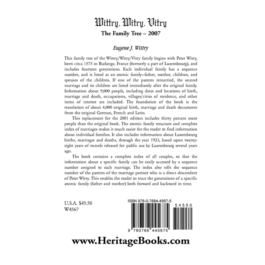 Wittry, Witry, Vitry: The Family Tree, 2007 back cover