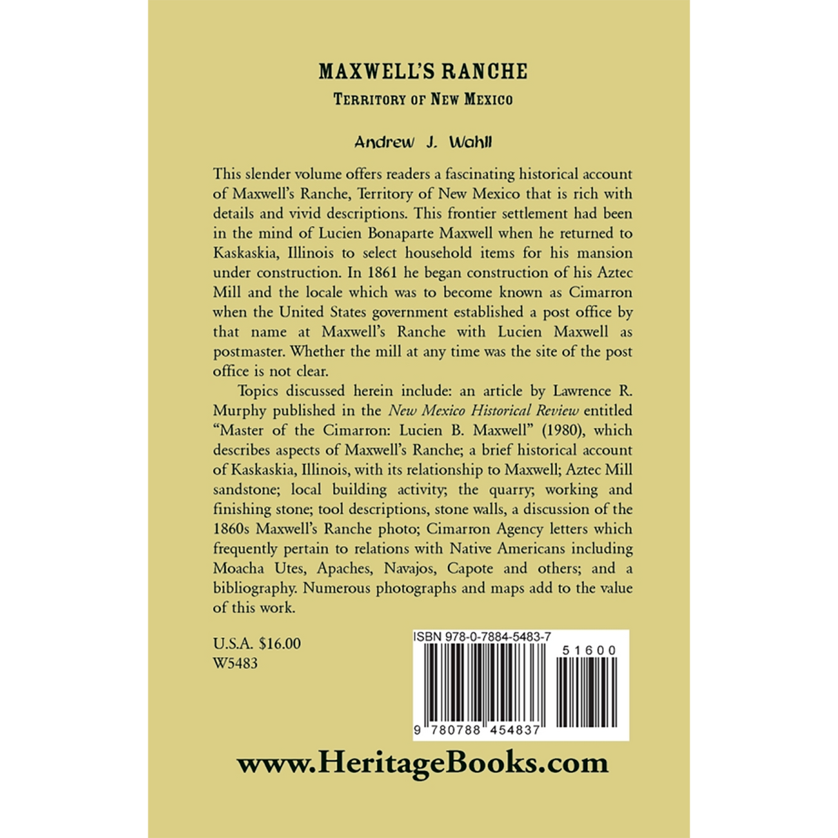 Maxwell's Ranche, Territory of New Mexico back cover