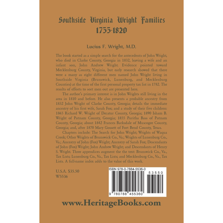 Southside Virginia Wright Families, 1755-1820 back cover