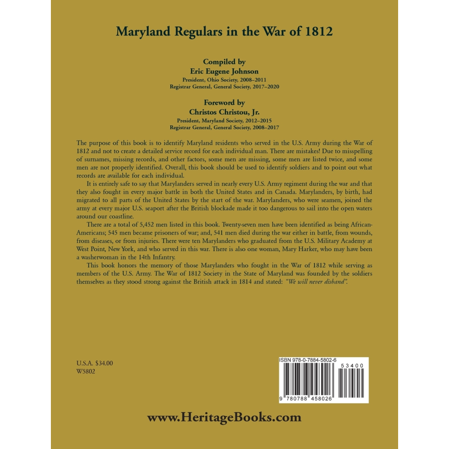 Maryland Regulars in the War of 1812 back cover