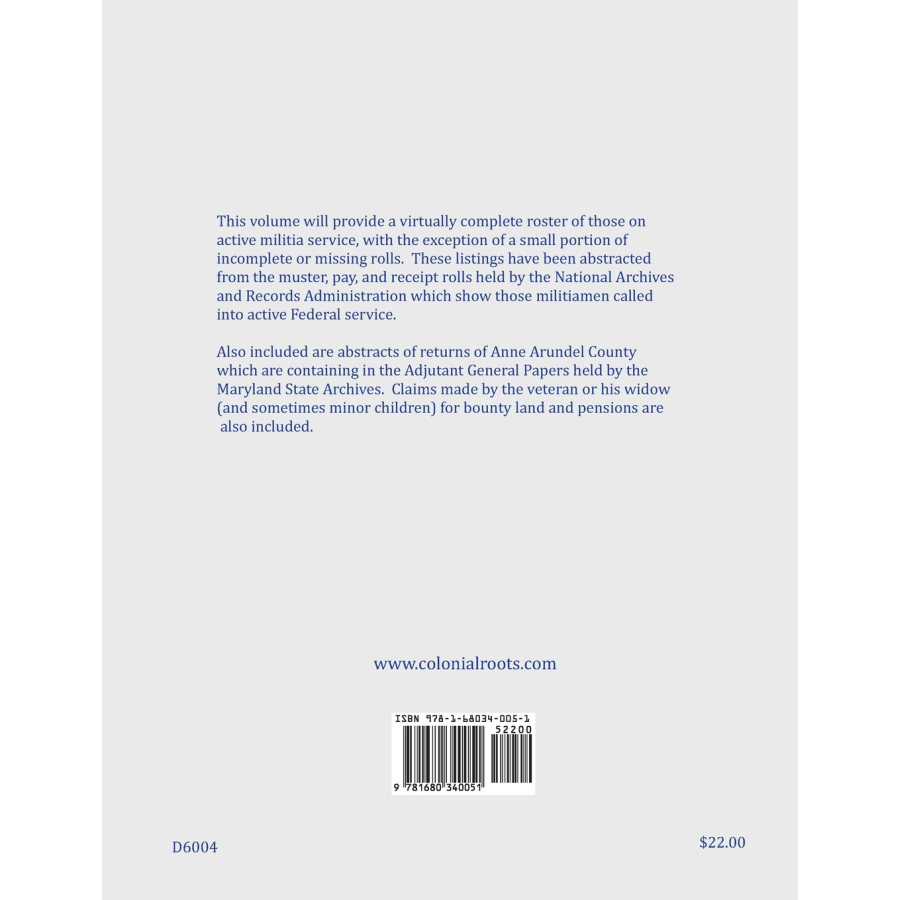 Maryland Militia in the War of 1812, Volume 4: Anne Arundel and Calvert Counties back cover