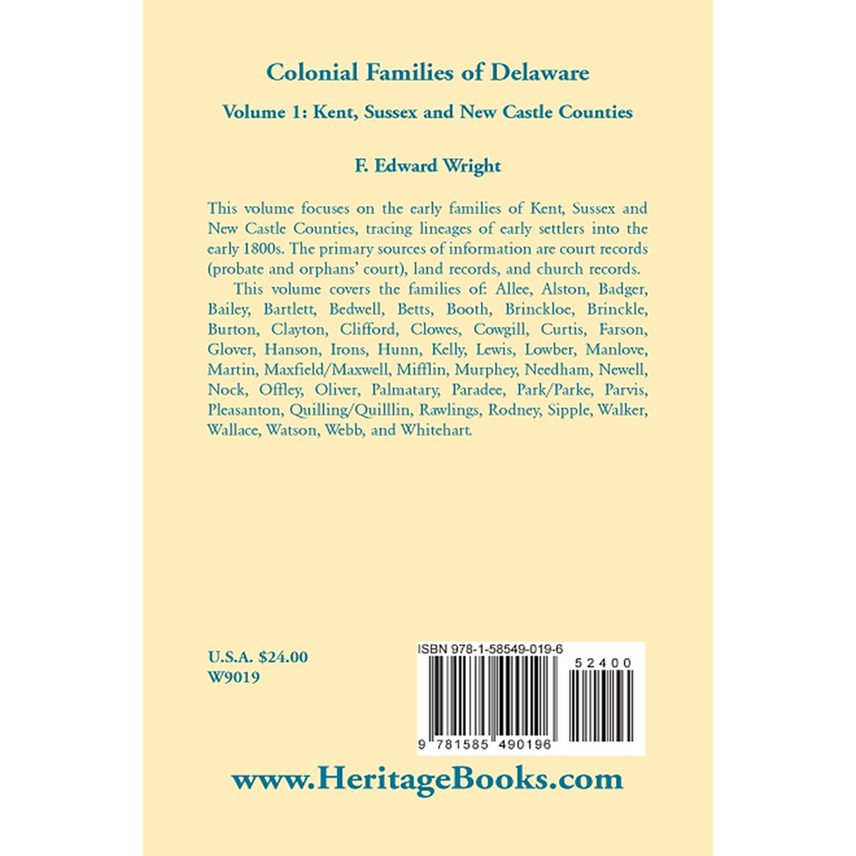 Colonial Families of Delaware, Volume 1 back cover