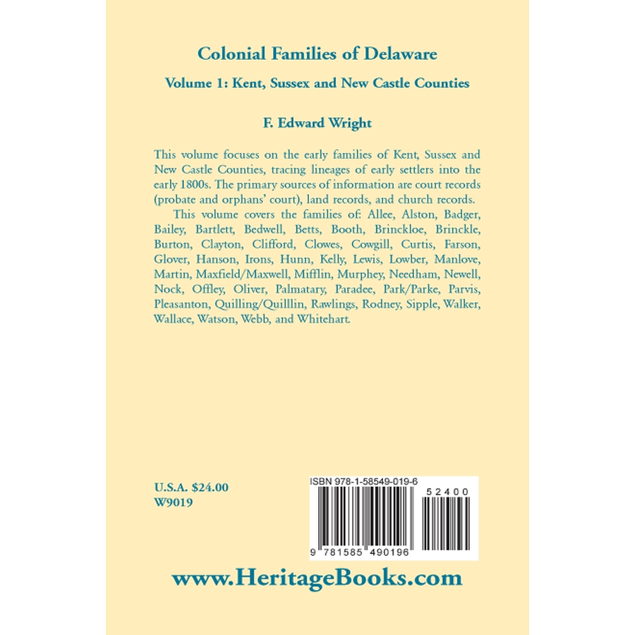 Colonial Families of Delaware, Volume 1 back cover