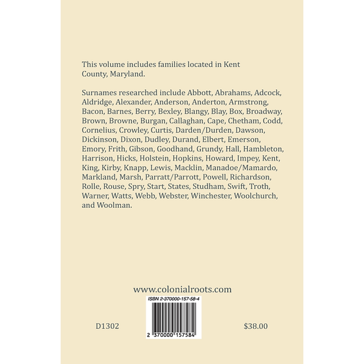 Colonial Families of the Eastern Shore of Maryland, Volume 3 back cover