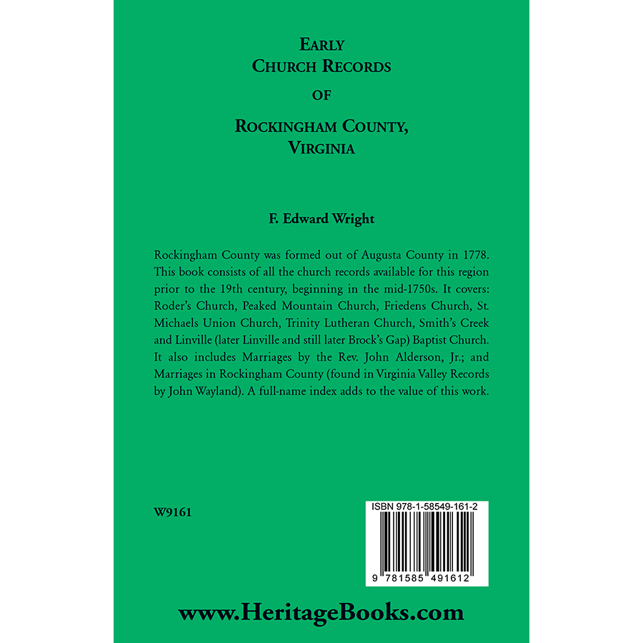 Early Church Records of Rockingham County, Virginia back cover