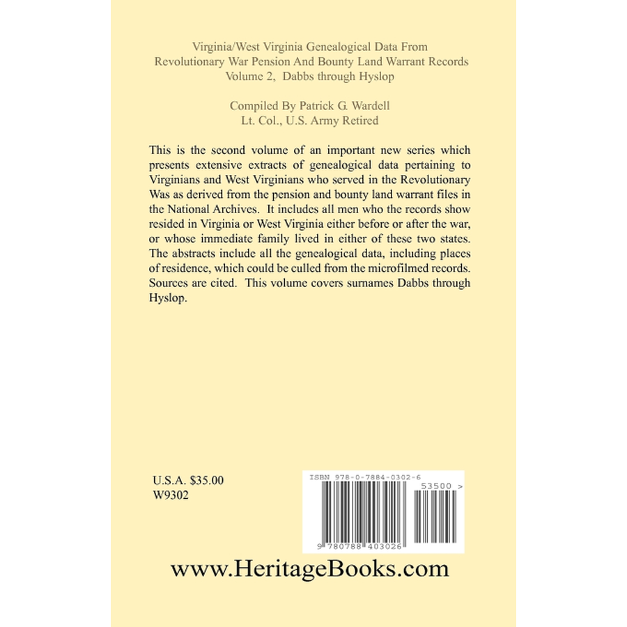 Virginia and West Virginia Genealogical Data from Revolutionary War Pension and Bounty Land Warrant Records, Volume 2 Dabbs-Hyslop back cover