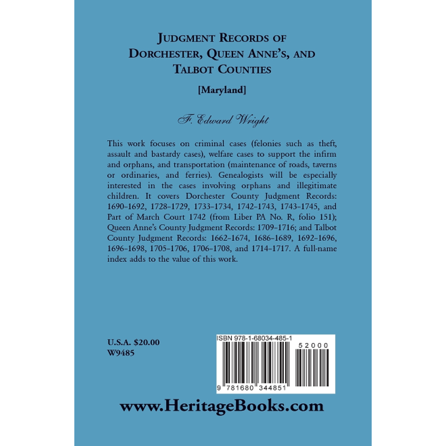 Judgment Records of Dorchester, Queen Anne's and Talbot Counties back cover